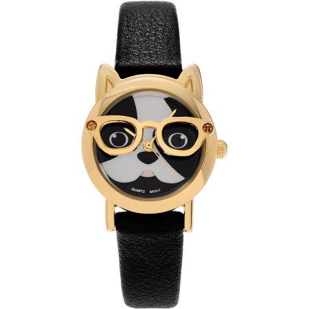 Brinley Co. Women's Faux Leather Dog Face Strap Fashion Watch, Gold/Black