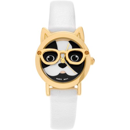 Brinley Co. Women's Faux Leather Dog Face Strap Fashion Watch, Gold/White