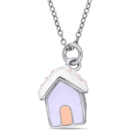 Cutie Pie Sterling Silver Kids' Dog House Pendant with Pink and White Enamel, 14" with 2" Extension
