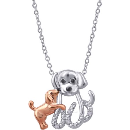 Diamond Accent Two-Tone Dog Mom and Child Pendant, 18" Chain