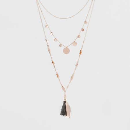 Disc charms, Glitzy Beads, and Tassels Choker Necklace - Rose Gold