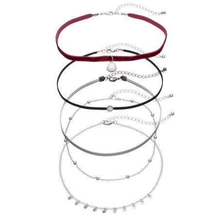 Maroon Velvet, Shaky Disc & Beaded Choker Necklace Set, Women's, Silver