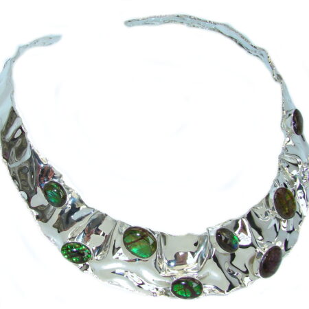 One of the kind Natural Canadian Ammolites Hammered Sterling Silver necklace Choker