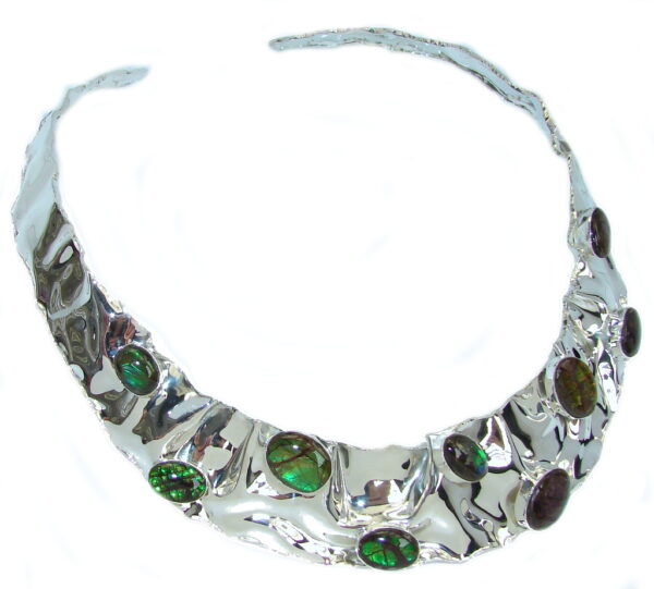One of the kind Natural Canadian Ammolites Hammered Sterling Silver necklace Choker