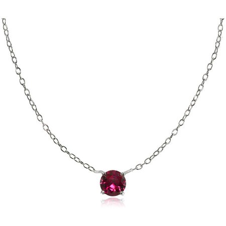 Round Created Ruby Sterling Silver Small Dainty Choker Necklace