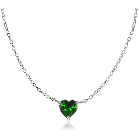 Simulated Emerald Sterling Silver Small Dainty Heart Choker Necklace