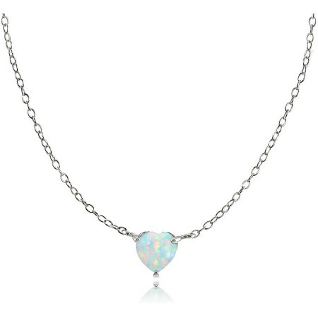 Simulated Opal Sterling Silver Small Dainty Heart Choker Necklace