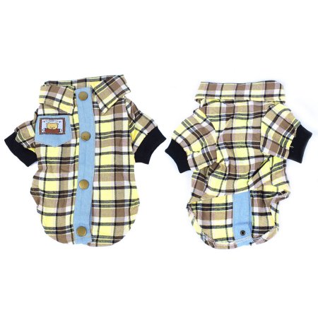 Unique Bargains Pet Dog Puppy Brown Yellow Grid Print Single Breasted Collar T Shirt Costume L