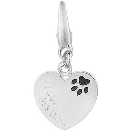 Women's Sterling Silver Heart I Love My Dog with Enamel Paw Print Clip-On Charm