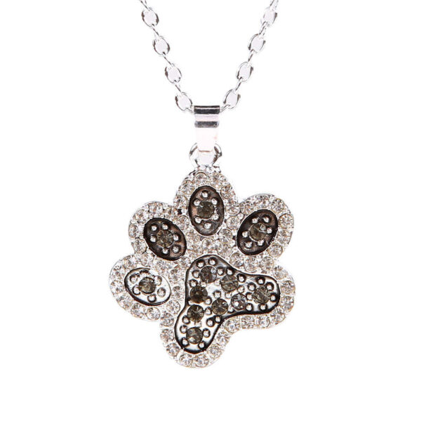 Women Lovely Dog Paw Prints Black White Pendant Rhinestone Silver Necklace