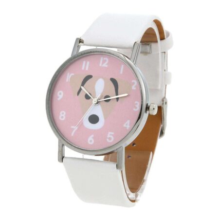 Unisex Dogs Pattern PU Leather Bracelet Casual Quartz Watch(White Pink)