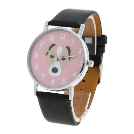 Unisex Dogs Pattern PU Leather Bracelet Casual Quartz Watch(Black Pink)