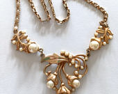 50s Gold Pearl Necklace Bib Necklace Mid Century Jewelry Repousse necklace Choker
