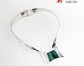 Mexican Malachite Choker Necklace Spring Loaded Sterling Silver 1980