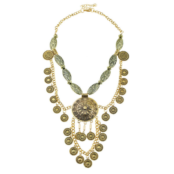 Women Bohemia Tassel Statement Bib Pendant Choker Chain Necklace (Gold)