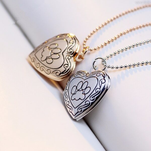 Valentine Lover Gift Animal Dog Paw Print Photo Frames Can Open Locket Necklaces Heart Pendants fit Necklace Women - silver