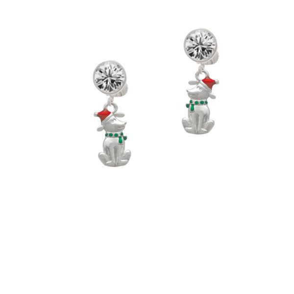 2-D Christmas Dog with Red Hat Crystal Clip On Earrings
