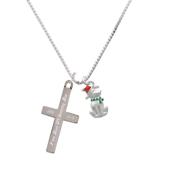 2-D Christmas Dog with Red Hat - Everlasting Love - Cross Necklace