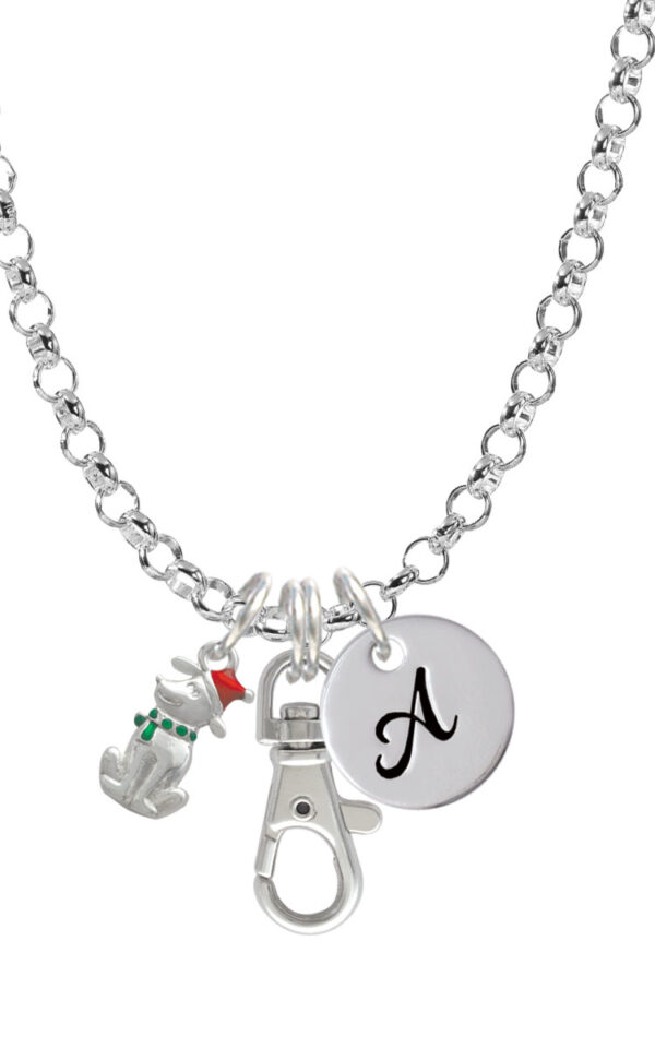 2-D Christmas Dog with Red Hat Initial Badge Clip Necklace