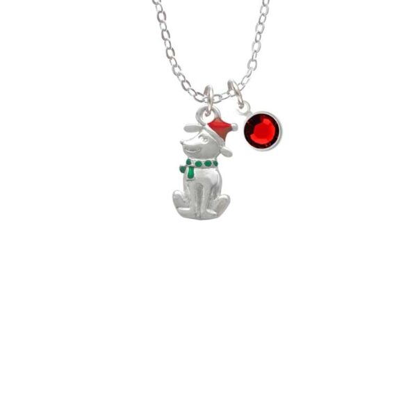 2-D Christmas Dog with Red Hat Necklace with Red Crystal Drop