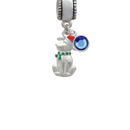 2-D Christmas Dog with Red Hat Silver Plated Charm Bead with Crystal Drop, Select Your Color