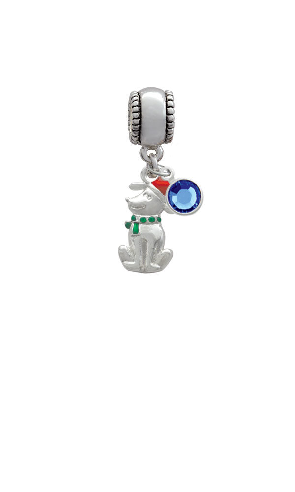 2-D Christmas Dog with Red Hat Silver Plated Charm Bead with Crystal Drop, Select Your Color