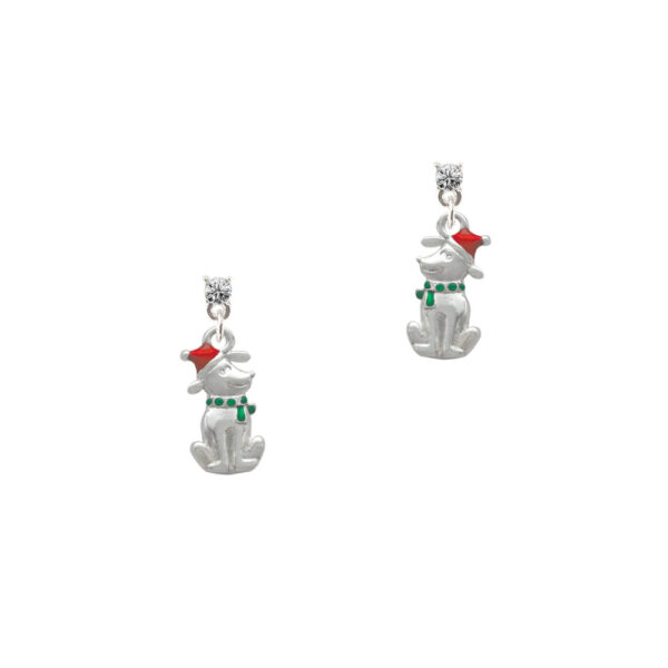 2-D Christmas Dog with Red Hat Silver Plated Crystal Post Earrings, Select Your Color