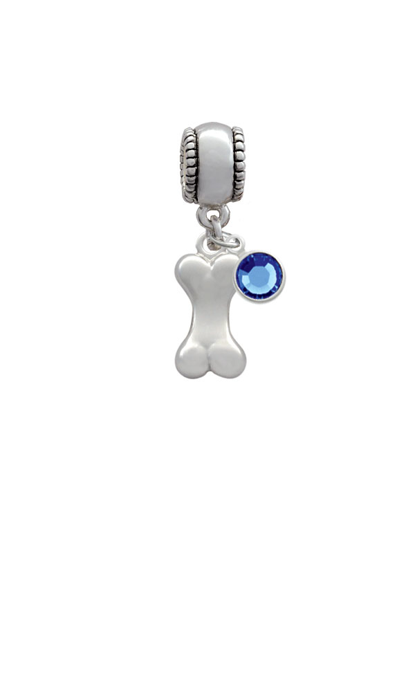 3-D Dog Bone Silver Plated Charm Bead with Crystal Drop, Select Your Color
