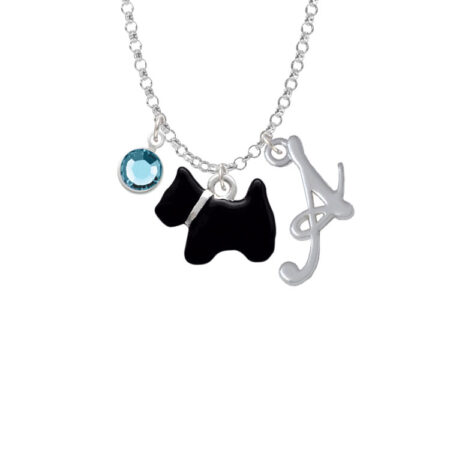 Black Scottie Dog - Script Initial and Crystal Charm Necklace