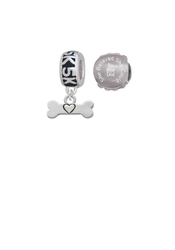 Dog Bone with Heart 5K Run She Believed She Could Charm Beads (Set of 2)