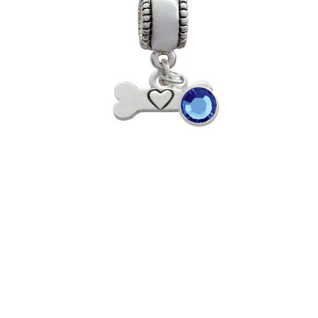 Dog Bone with Heart Silver Plated Charm Bead with Crystal Drop, Select Your Color