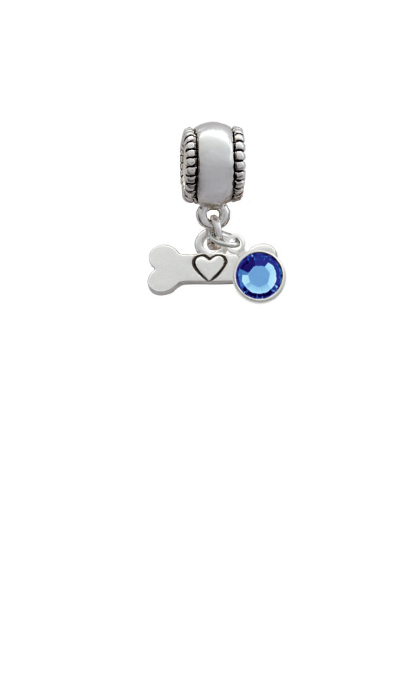Dog Bone with Heart Silver Plated Charm Bead with Crystal Drop, Select Your Color