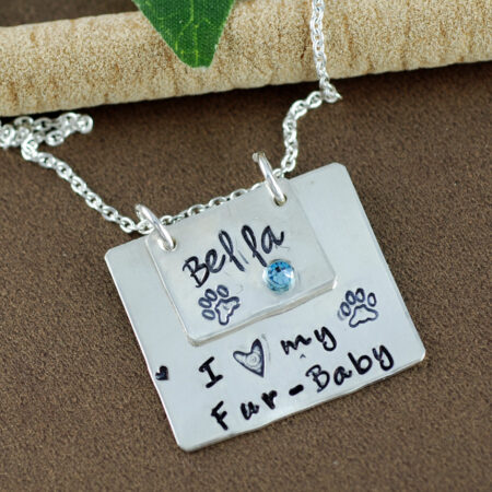 Dog Mom Necklace, Pet Lover Necklace, I love my Furbaby Necklace, Hand Stamped Bar Jewelry, Birthstone Name Necklace, Dog Paw Necklace