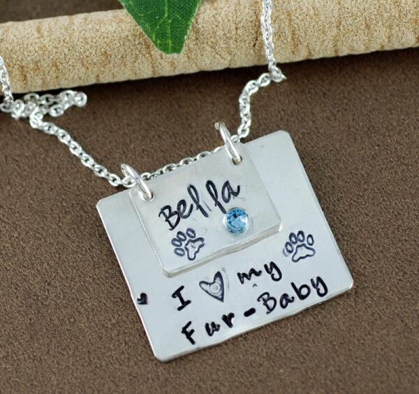 Dog Mom Necklace, Pet Lover Necklace, I love my Furbaby Necklace, Hand Stamped Bar Jewelry, Birthstone Name Necklace, Dog Paw Necklace