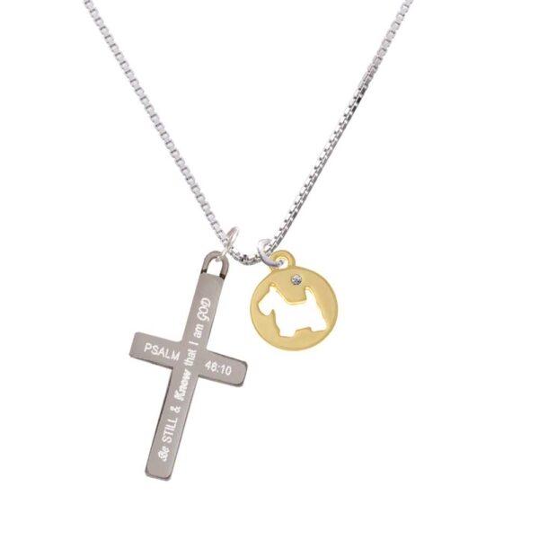 Gold Tone Scottie Dog Silhouette - Be Still and Know - Cross Necklace