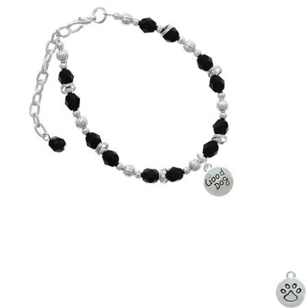 Good Dog with AB Crystal and Paw Print Black Beaded Bracelet