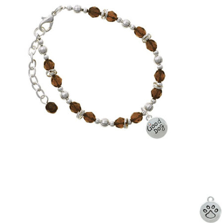 Good Dog with AB Crystal and Paw Print Brown Beaded Bracelet