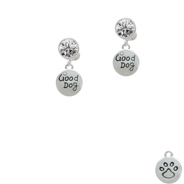 Good Dog with AB Crystal and Paw Print Crystal Clip On Earrings