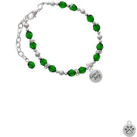 Good Dog with AB Crystal and Paw Print Green Beaded Bracelet