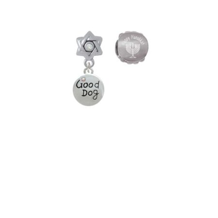 Good Dog with AB Crystal and Paw Print Happy Hanukkah Charm Beads (Set of 2)