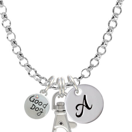 Good Dog with AB Crystal and Paw Print Initial Badge Clip Necklace