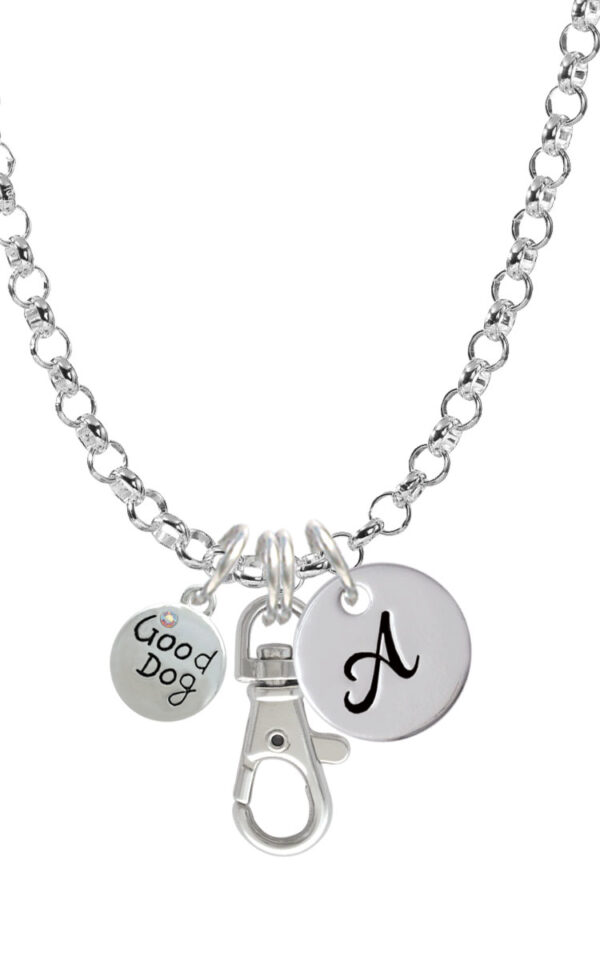 Good Dog with AB Crystal and Paw Print Initial Badge Clip Necklace