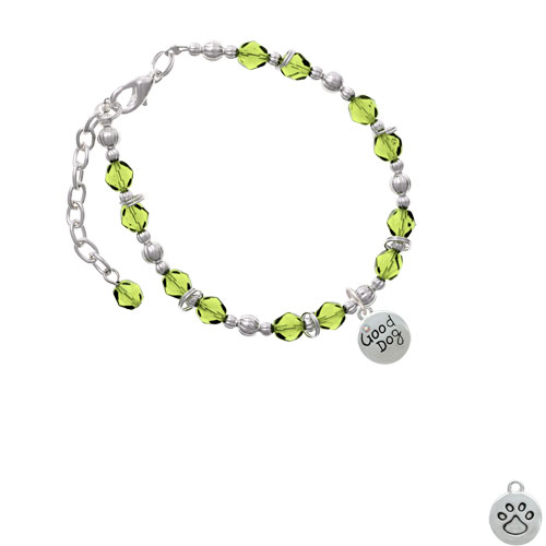 Good Dog with AB Crystal and Paw Print Lime Green Beaded Bracelet