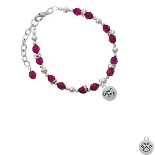 Good Dog with AB Crystal and Paw Print Magenta Beaded Bracelet