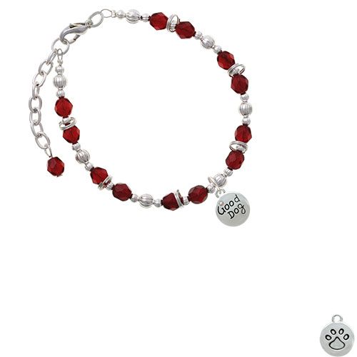 Good Dog with AB Crystal and Paw Print Maroon Beaded Bracelet