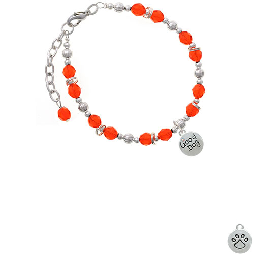 Good Dog with AB Crystal and Paw Print Orange Beaded Bracelet