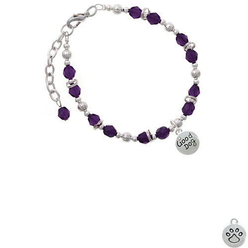 Good Dog with AB Crystal and Paw Print Purple Beaded Bracelet