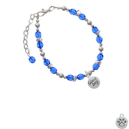 Good Dog with AB Crystal and Paw Print Royal Blue Beaded Bracelet