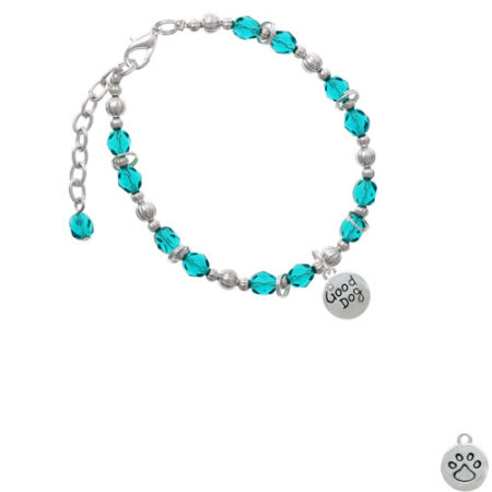 Good Dog with AB Crystal and Paw Print Teal Beaded Bracelet