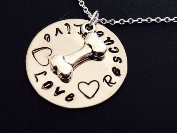 Hand Stamped Jewelry - Personalized Jewelry - Necklace For Pet Owner - Stainless steel - Pet Jewelry - Live Love Rescue - Dog bone Charm